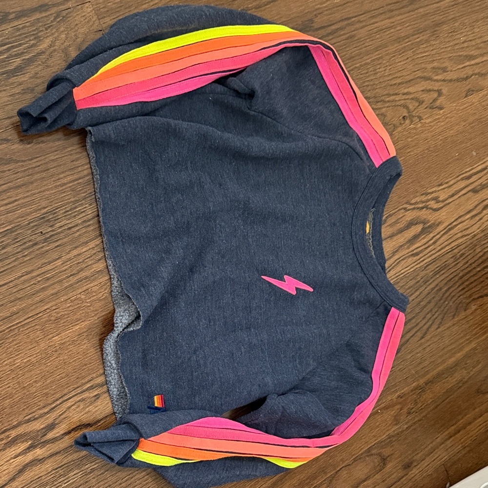 Aviator Nation Bolt Cropped Classic Crew Sweatshirt in Heather Gray/Neon